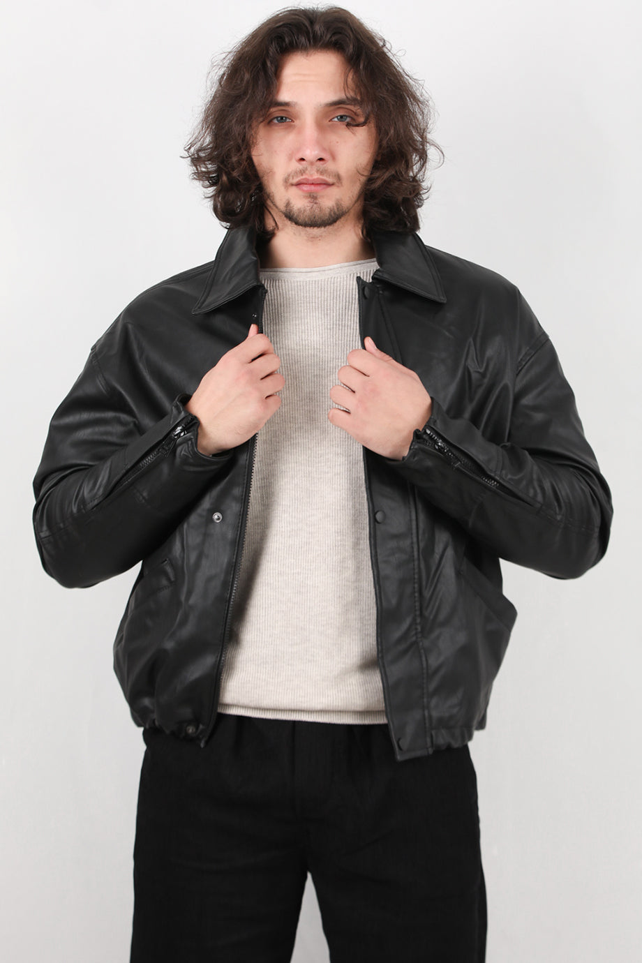 Widehide Erkek Geniş Kalıp Deri Mont Siyah