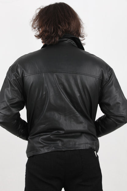 Widehide Erkek Geniş Kalıp Deri Mont Siyah