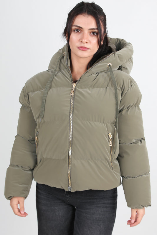 Hoodwarm Kadın Kapşonlu Kısa Şişme Mont Haki