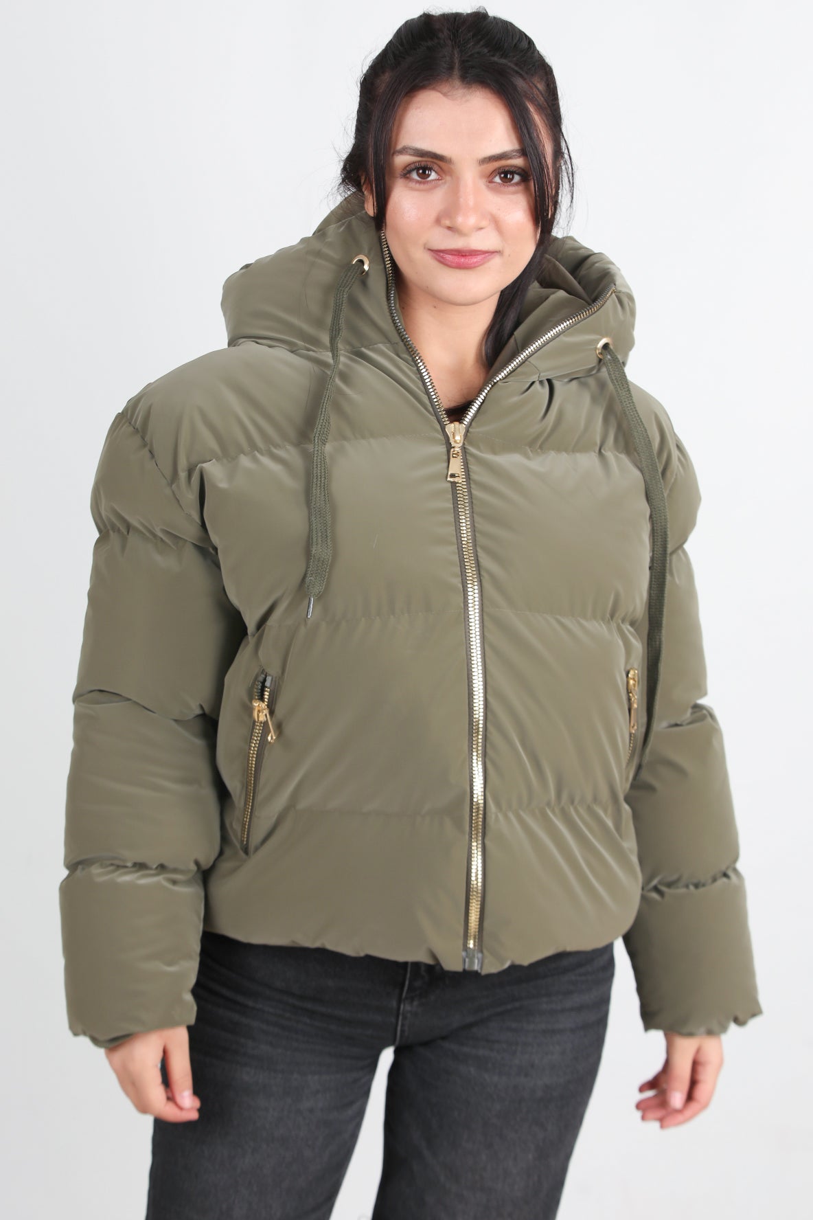 Hoodwarm Kadın Kapşonlu Kısa Şişme Mont Haki