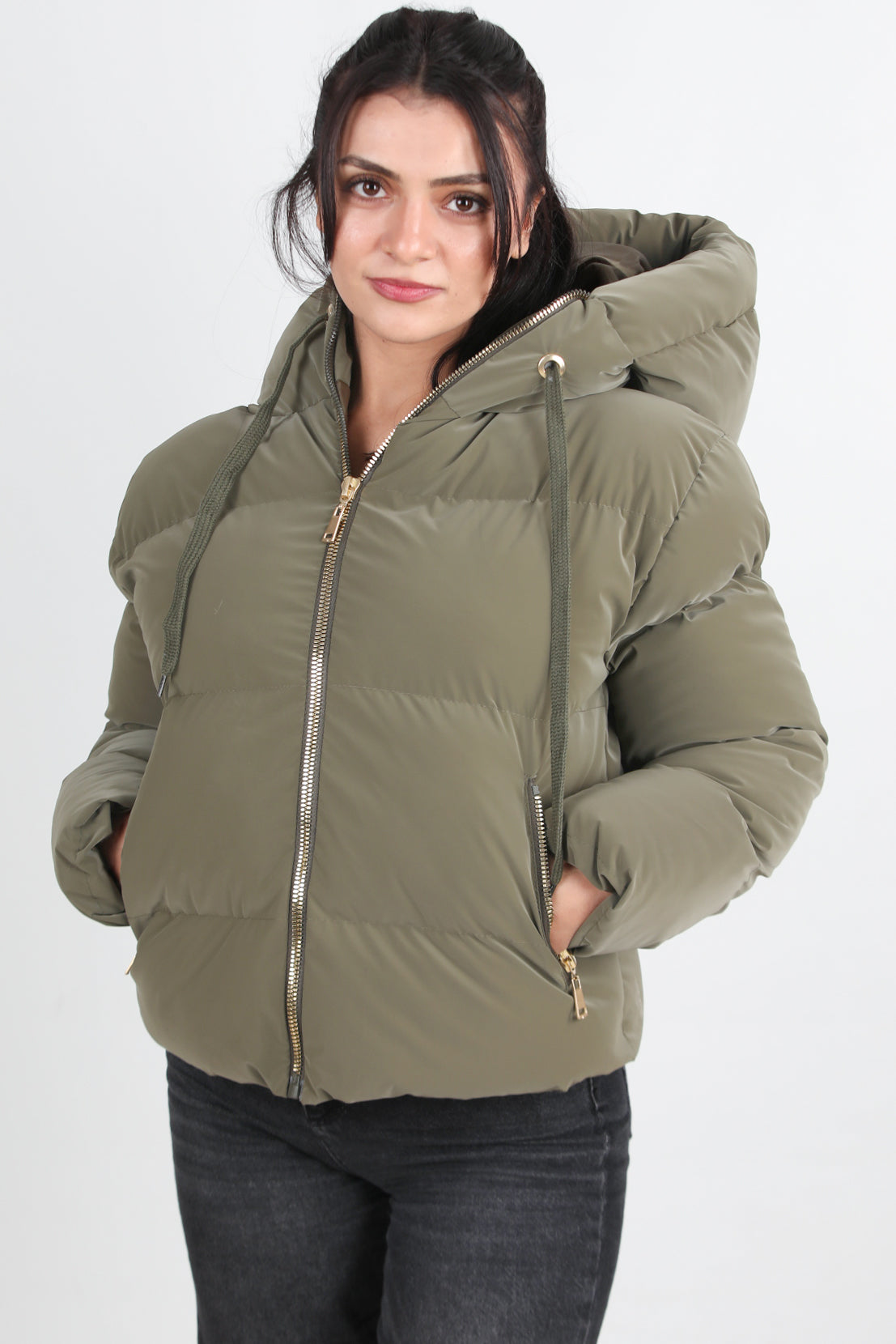 Hoodwarm Kadın Kapşonlu Kısa Şişme Mont Haki