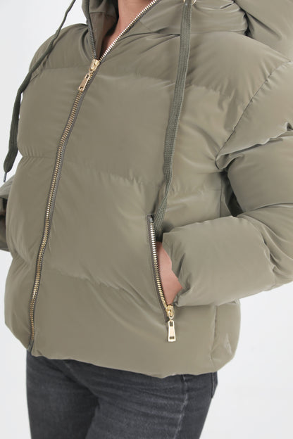 Hoodwarm Kadın Kapşonlu Kısa Şişme Mont Haki