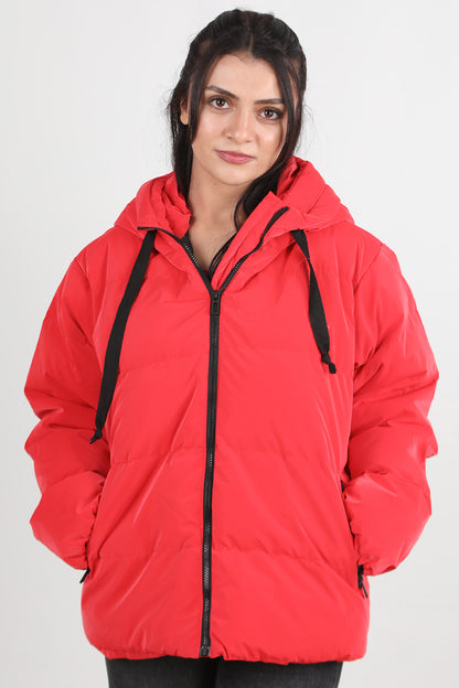 Glowhood Kadın Kapşonlu Parlak Mont Kırmızı