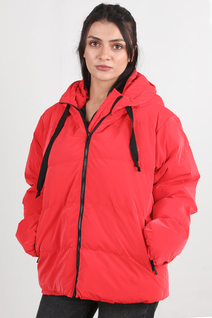 Glowhood Kadın Kapşonlu Parlak Mont Kırmızı