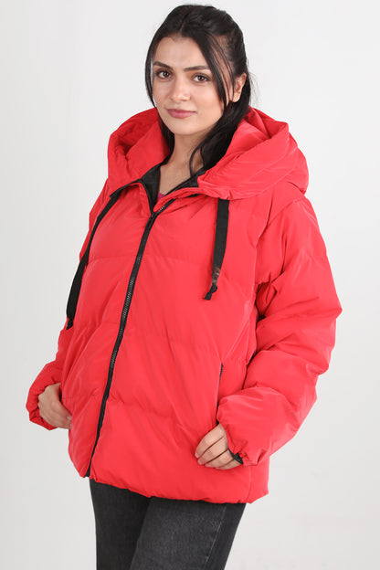 Glowhood Kadın Kapşonlu Parlak Mont Kırmızı