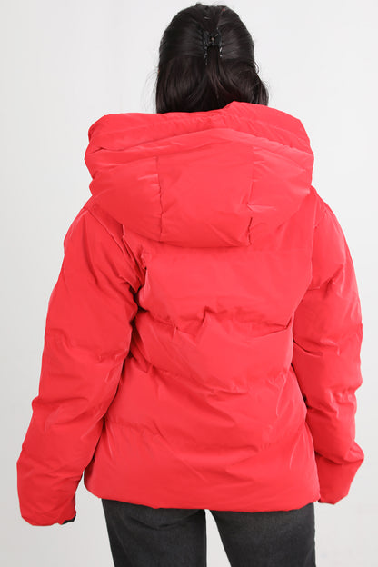 Glowhood Kadın Kapşonlu Parlak Mont Kırmızı