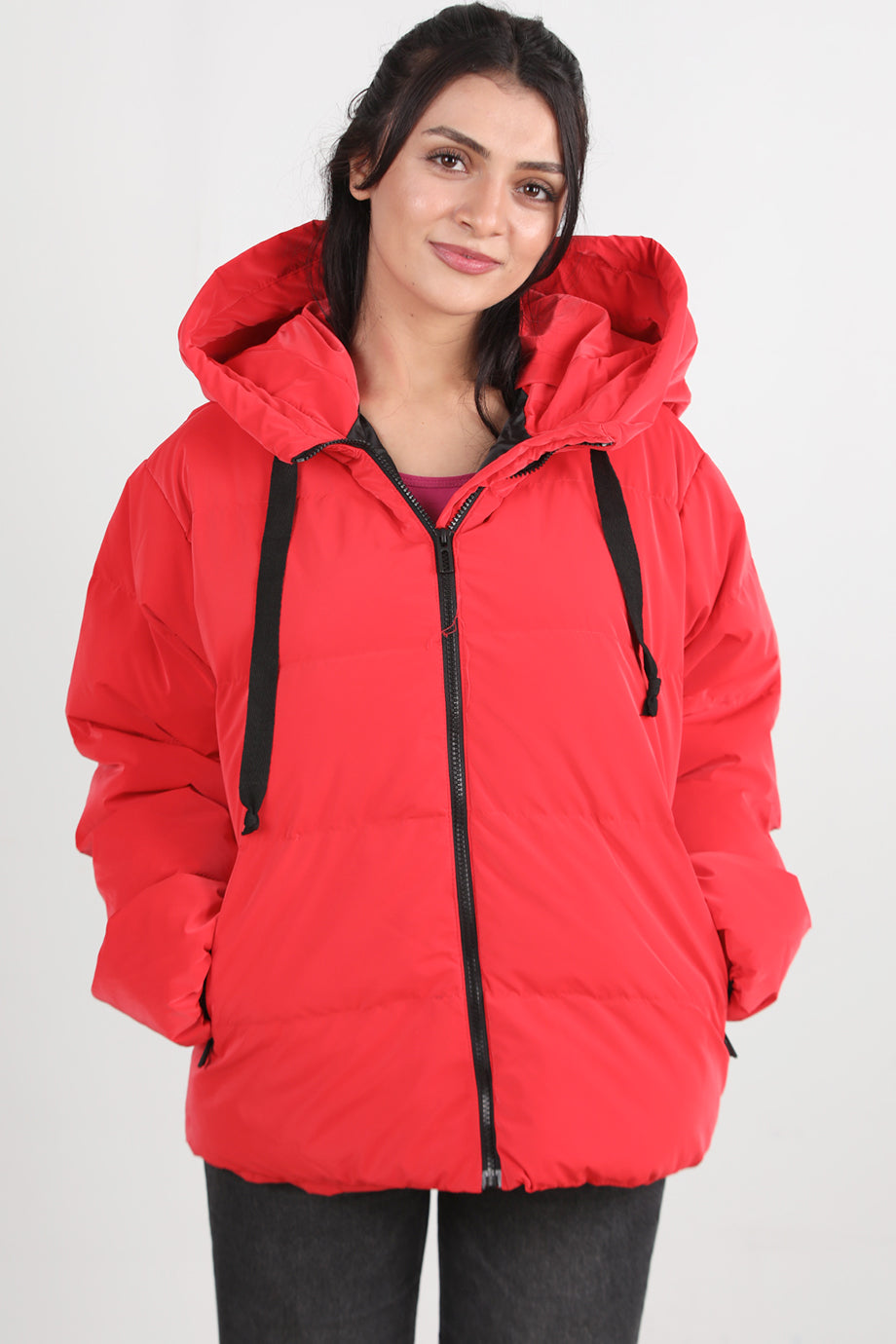 Glowhood Kadın Kapşonlu Parlak Mont Kırmızı