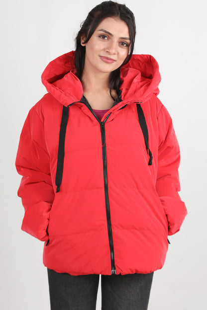 Glowhood Kadın Kapşonlu Parlak Mont Kırmızı