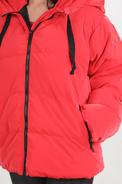 Glowhood Kadın Kapşonlu Parlak Mont Kırmızı