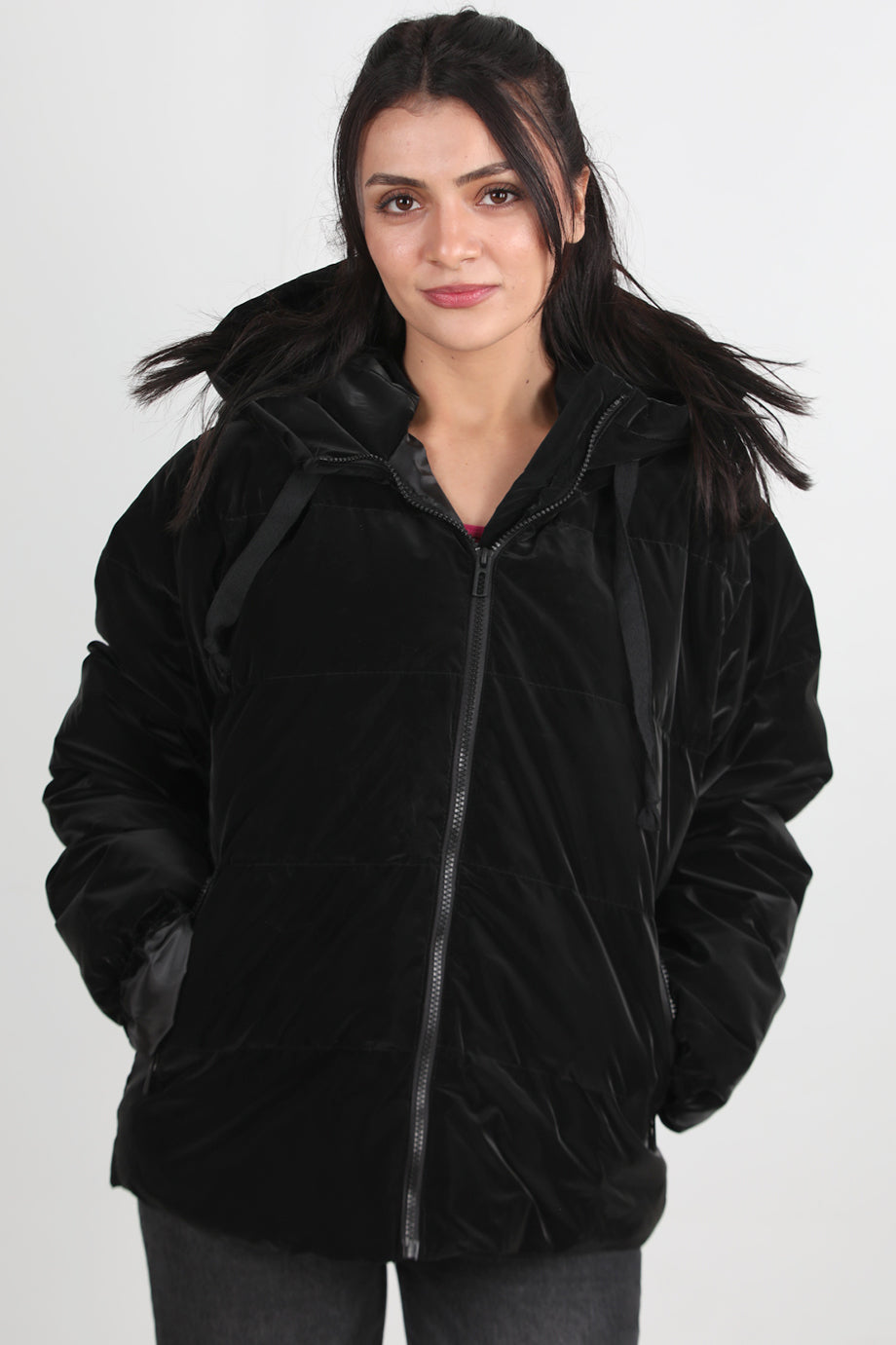 Glowhood Kadın Kapşonlu Parlak Mont Siyah