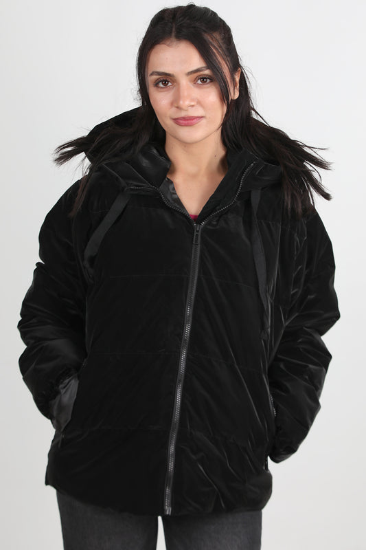 Glowhood Kadın Kapşonlu Parlak Mont Siyah