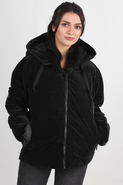 Glowhood Kadın Kapşonlu Parlak Mont Siyah