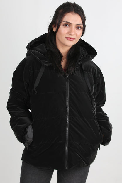 Glowhood Kadın Kapşonlu Parlak Mont Siyah