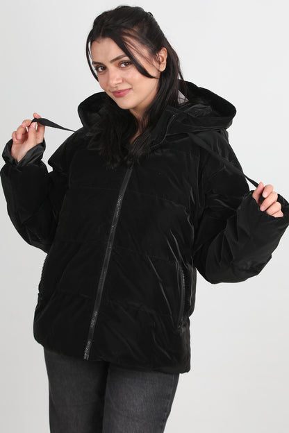 Glowhood Kadın Kapşonlu Parlak Mont Siyah