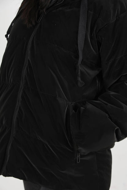 Glowhood Kadın Kapşonlu Parlak Mont Siyah