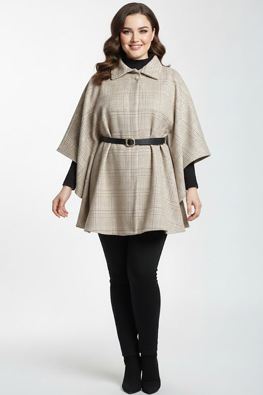 Woolcape Büyük Beden Ekoseli Kaşe Panço Bej