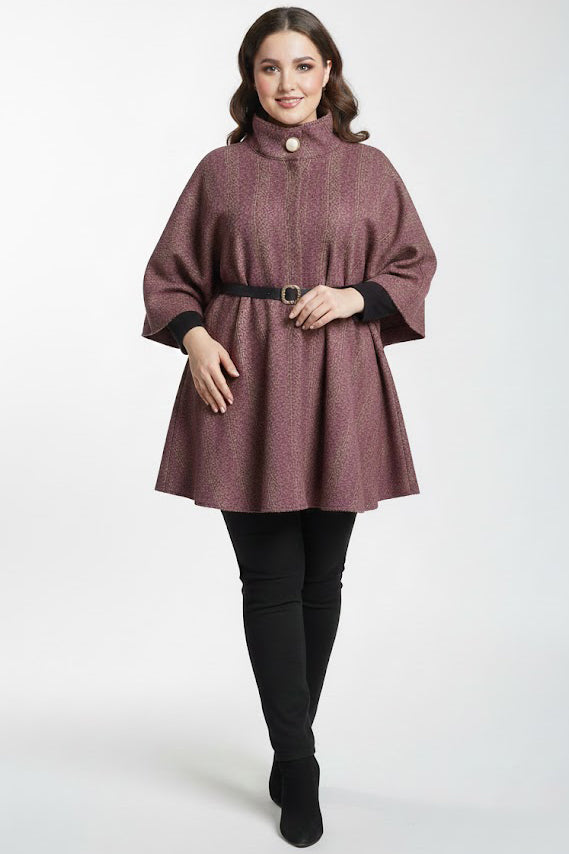 Woolcape Büyük Beden Ekoseli Kaşe Panço Bordo