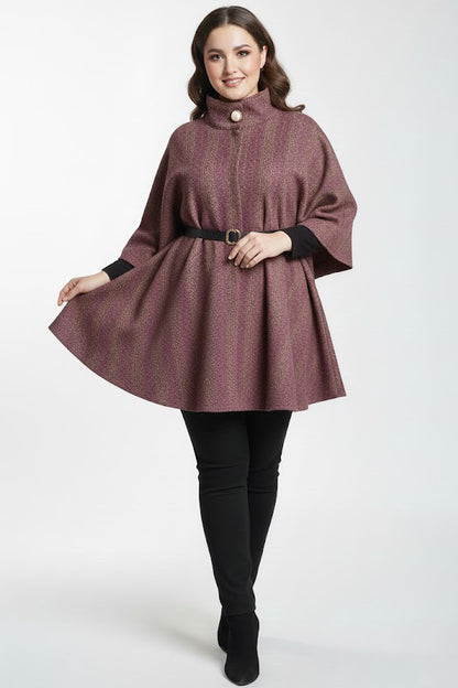 Woolcape Büyük Beden Ekoseli Kaşe Panço Bordo