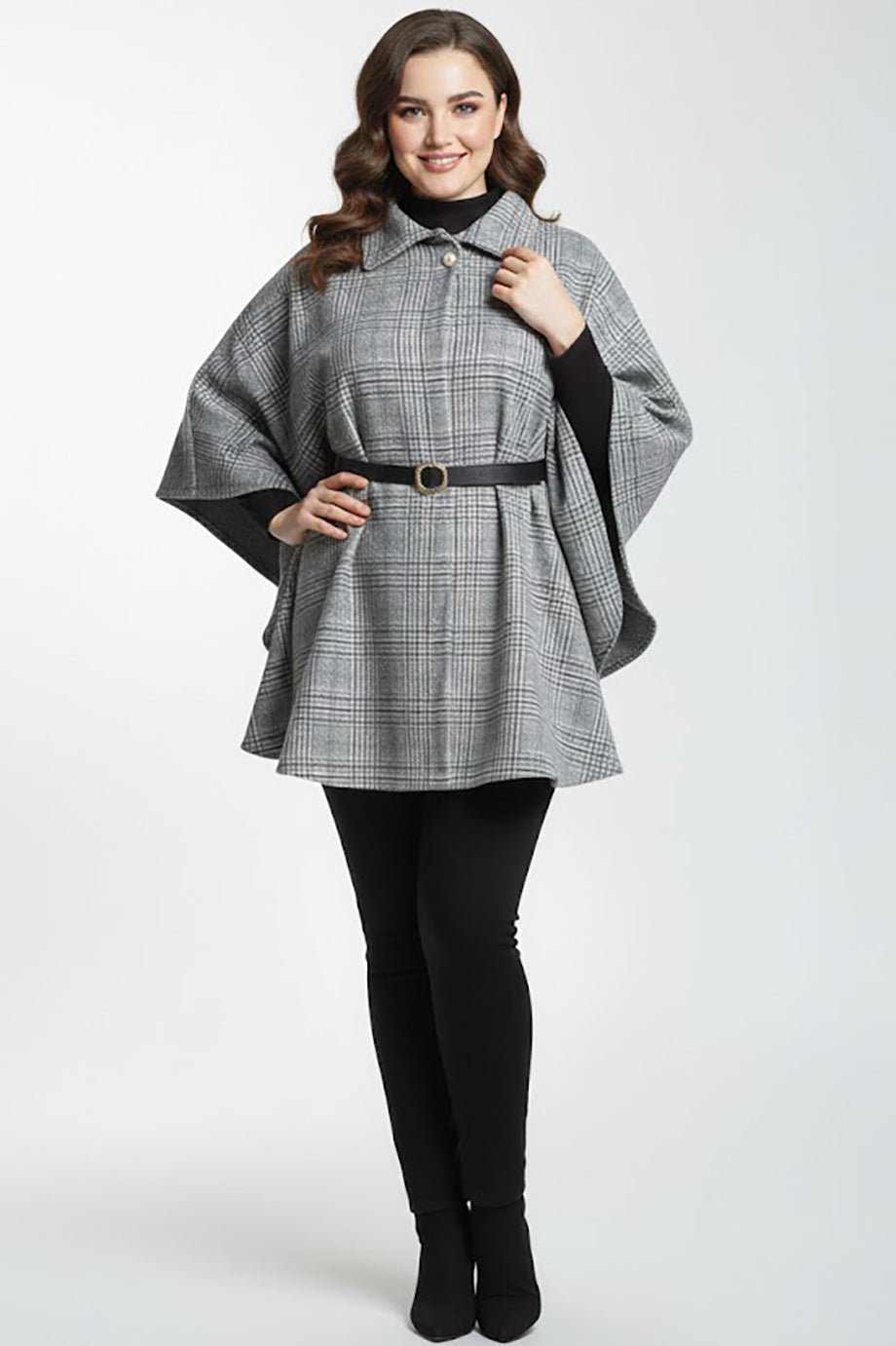 Woolcape Büyük Beden Ekoseli Kaşe Panço Gri