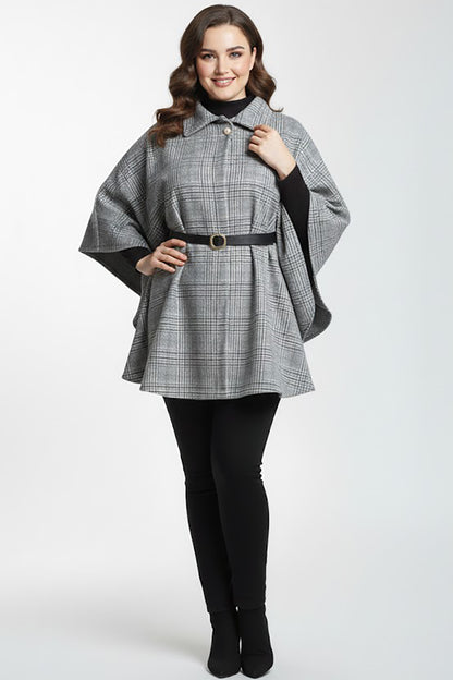 Woolcape Büyük Beden Ekoseli Kaşe Panço Gri