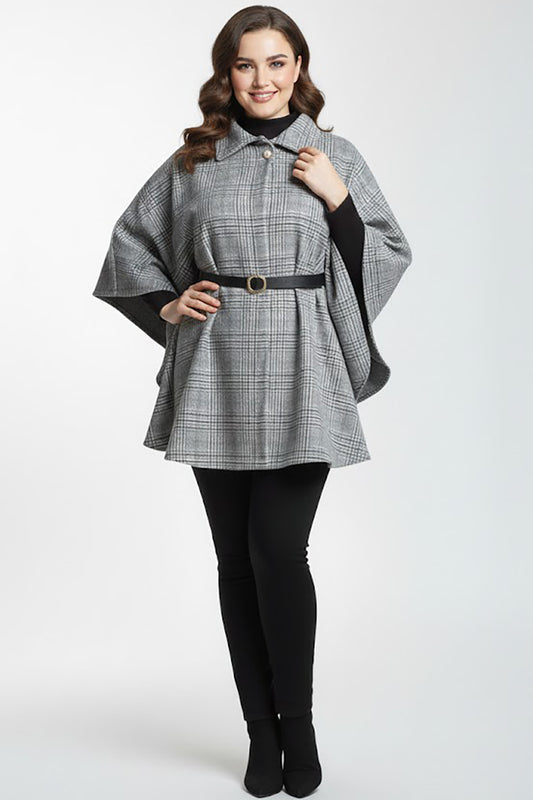 Woolcape Büyük Beden Ekoseli Kaşe Panço Gri