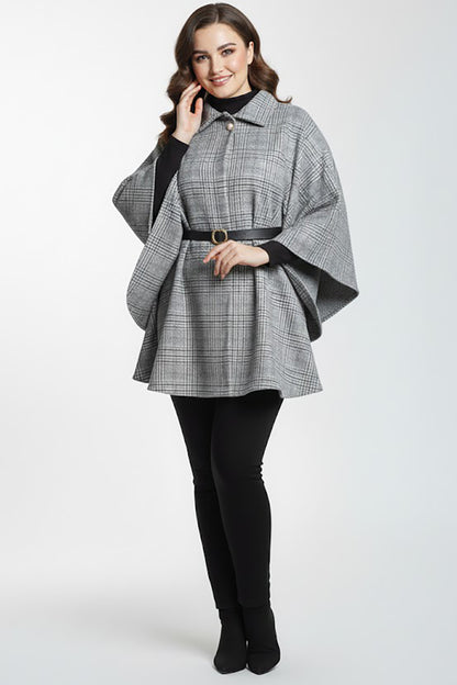 Woolcape Büyük Beden Ekoseli Kaşe Panço Gri