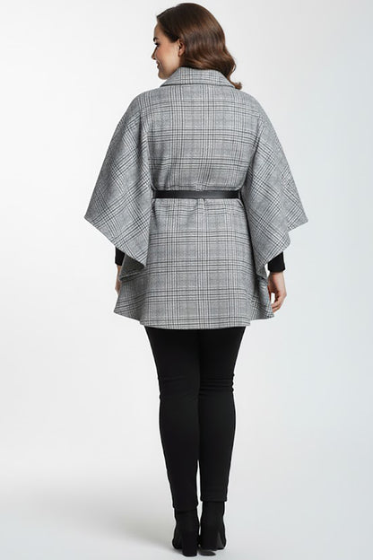 Woolcape Büyük Beden Ekoseli Kaşe Panço Gri