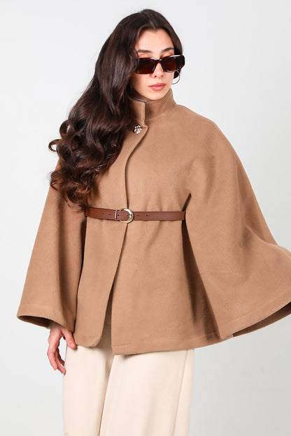 Kadın Deri Kemerli Kaşe Panço Bej