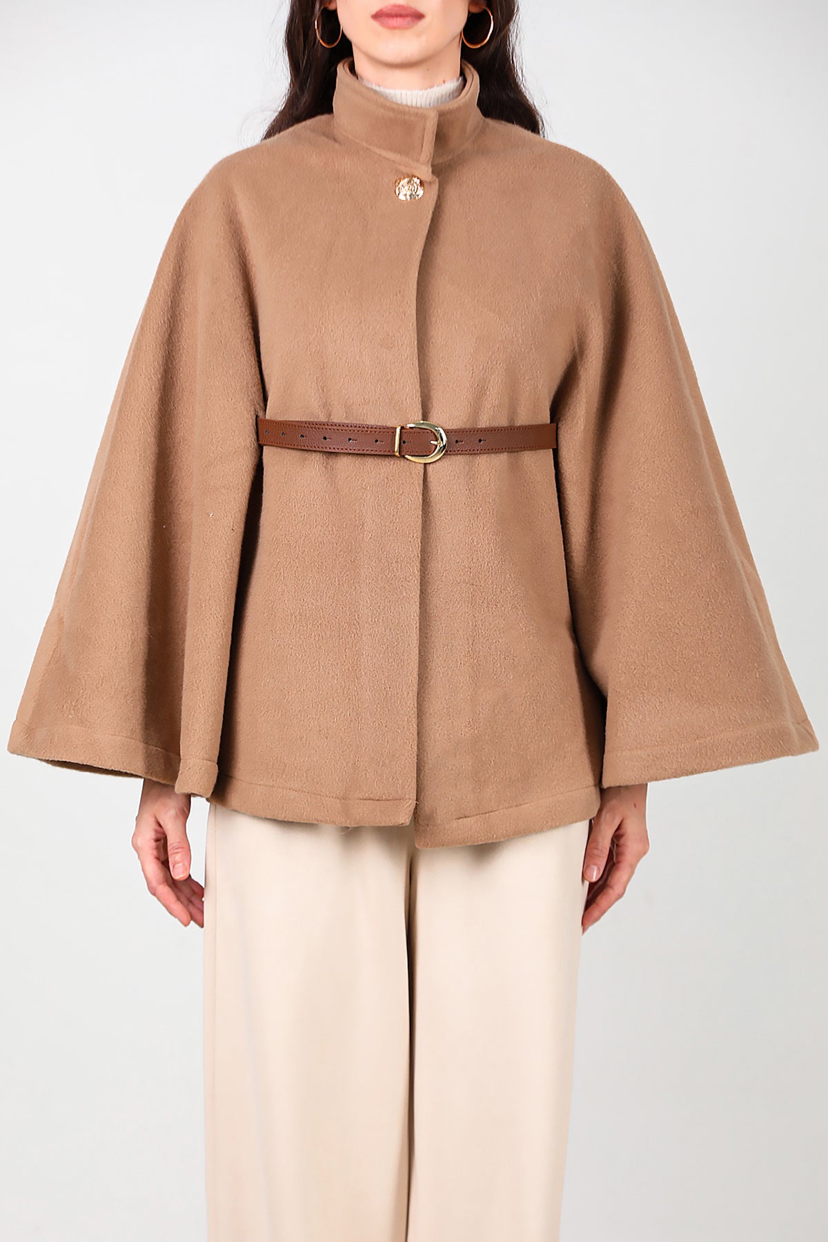 Kadın Deri Kemerli Kaşe Panço Bej