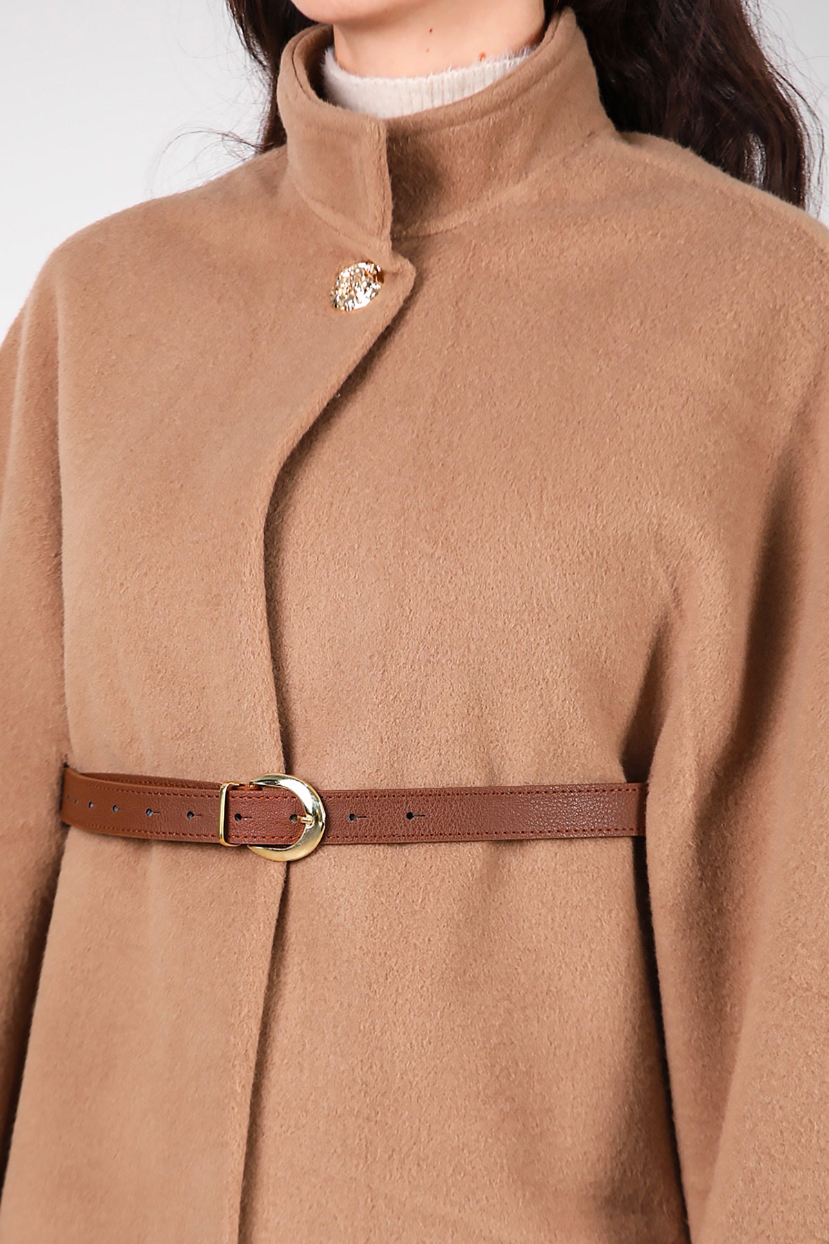 Kadın Deri Kemerli Kaşe Panço Bej