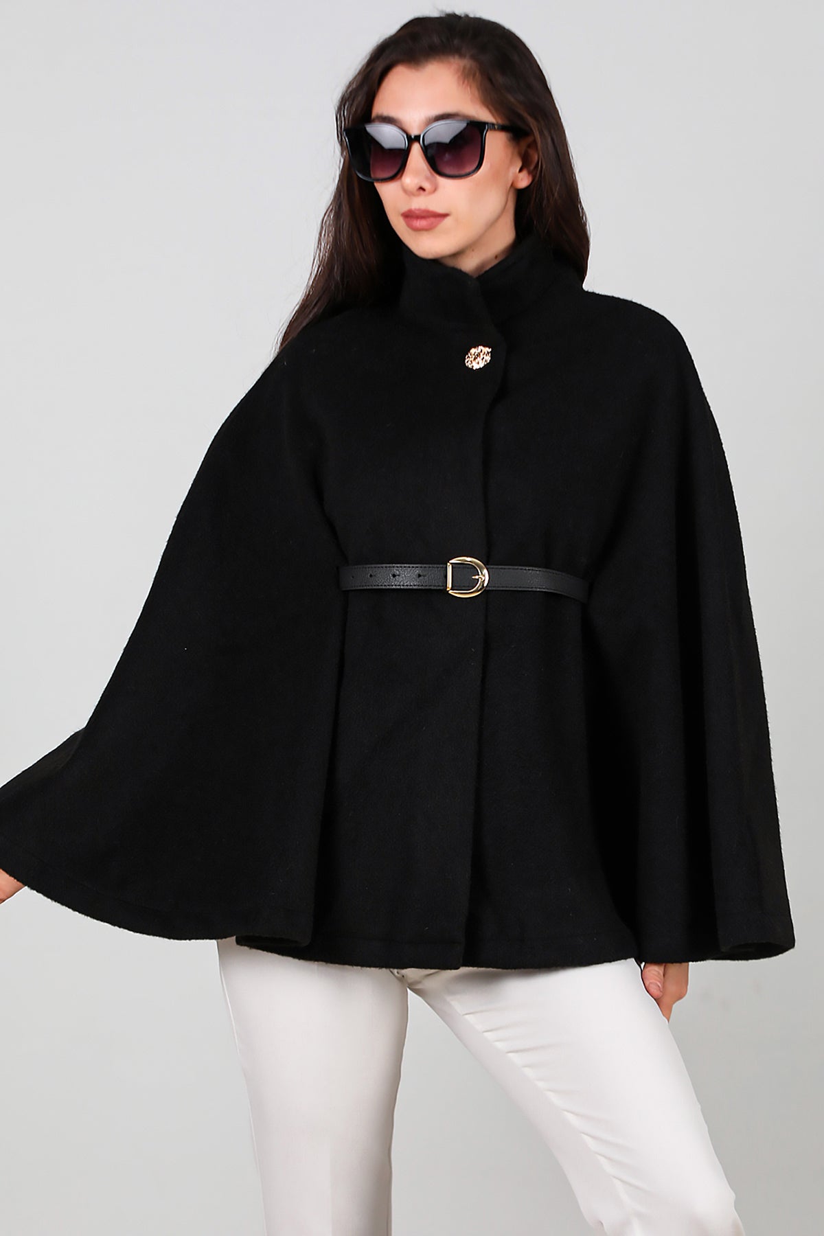 Kadın Deri Kemerli Kaşe Panço Siyah