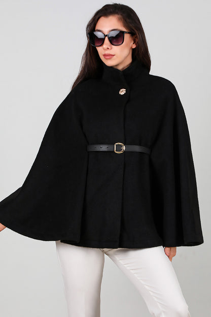 Kadın Deri Kemerli Kaşe Panço Siyah