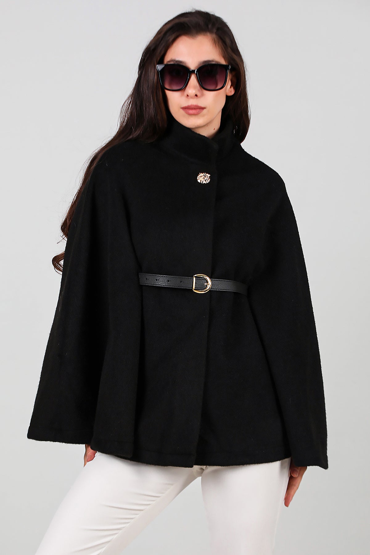 Kadın Deri Kemerli Kaşe Panço Siyah