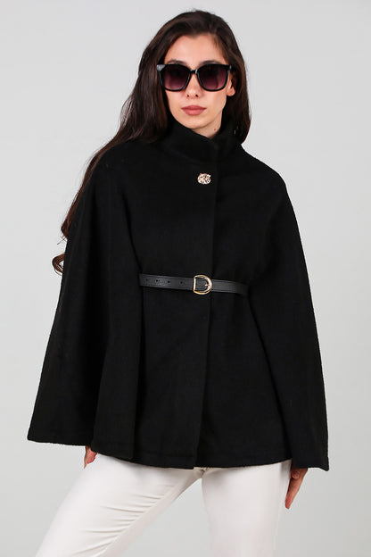 Kadın Deri Kemerli Kaşe Panço Siyah