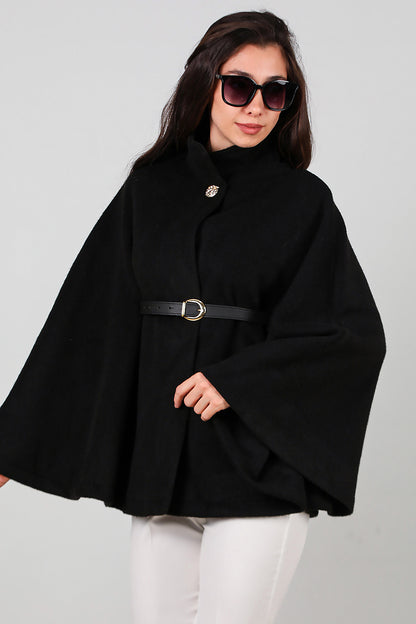 Kadın Deri Kemerli Kaşe Panço Siyah