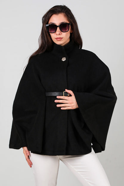 Kadın Deri Kemerli Kaşe Panço Siyah