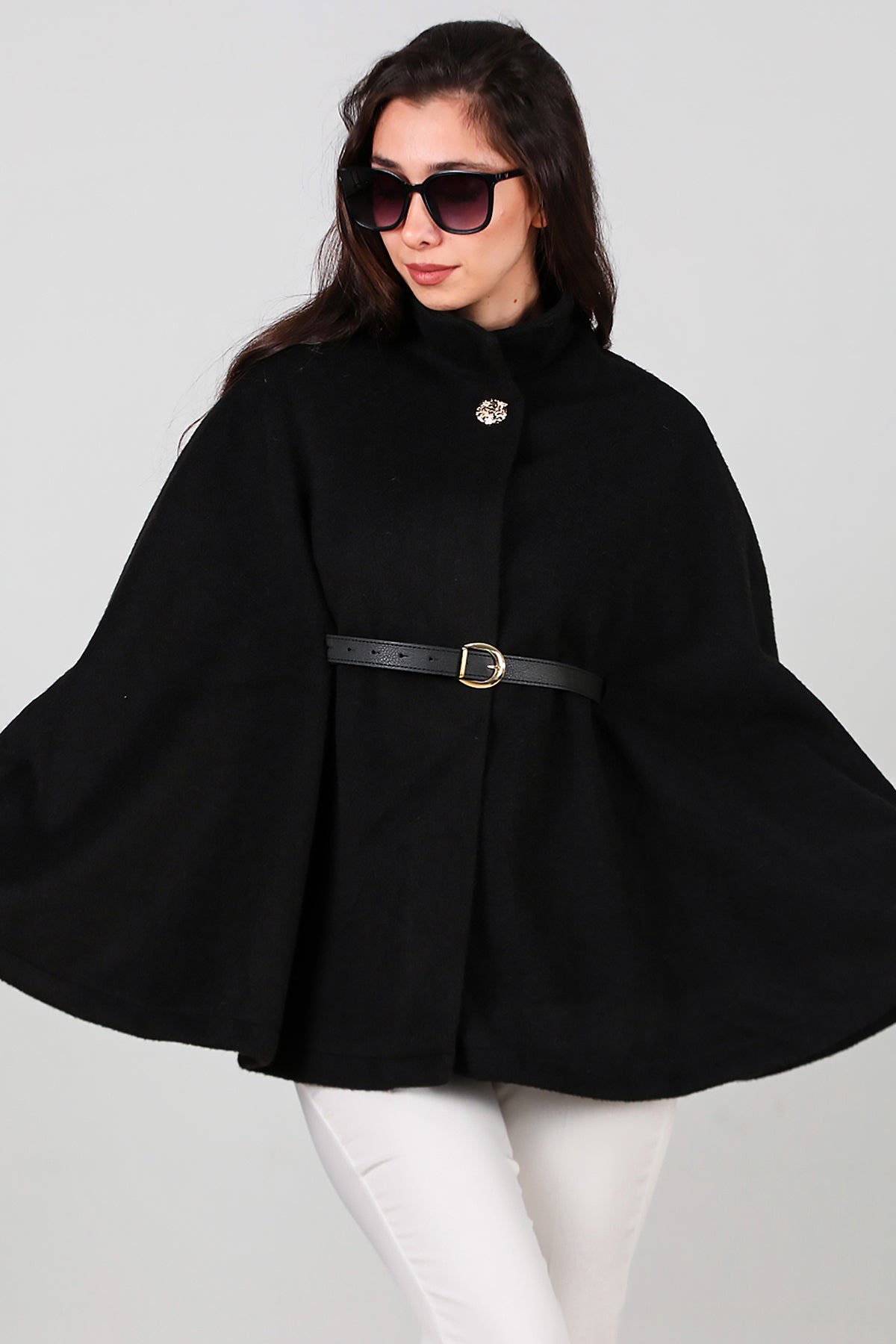 Kadın Deri Kemerli Kaşe Panço Siyah