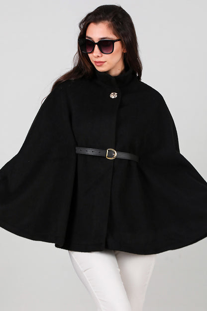 Kadın Deri Kemerli Kaşe Panço Siyah