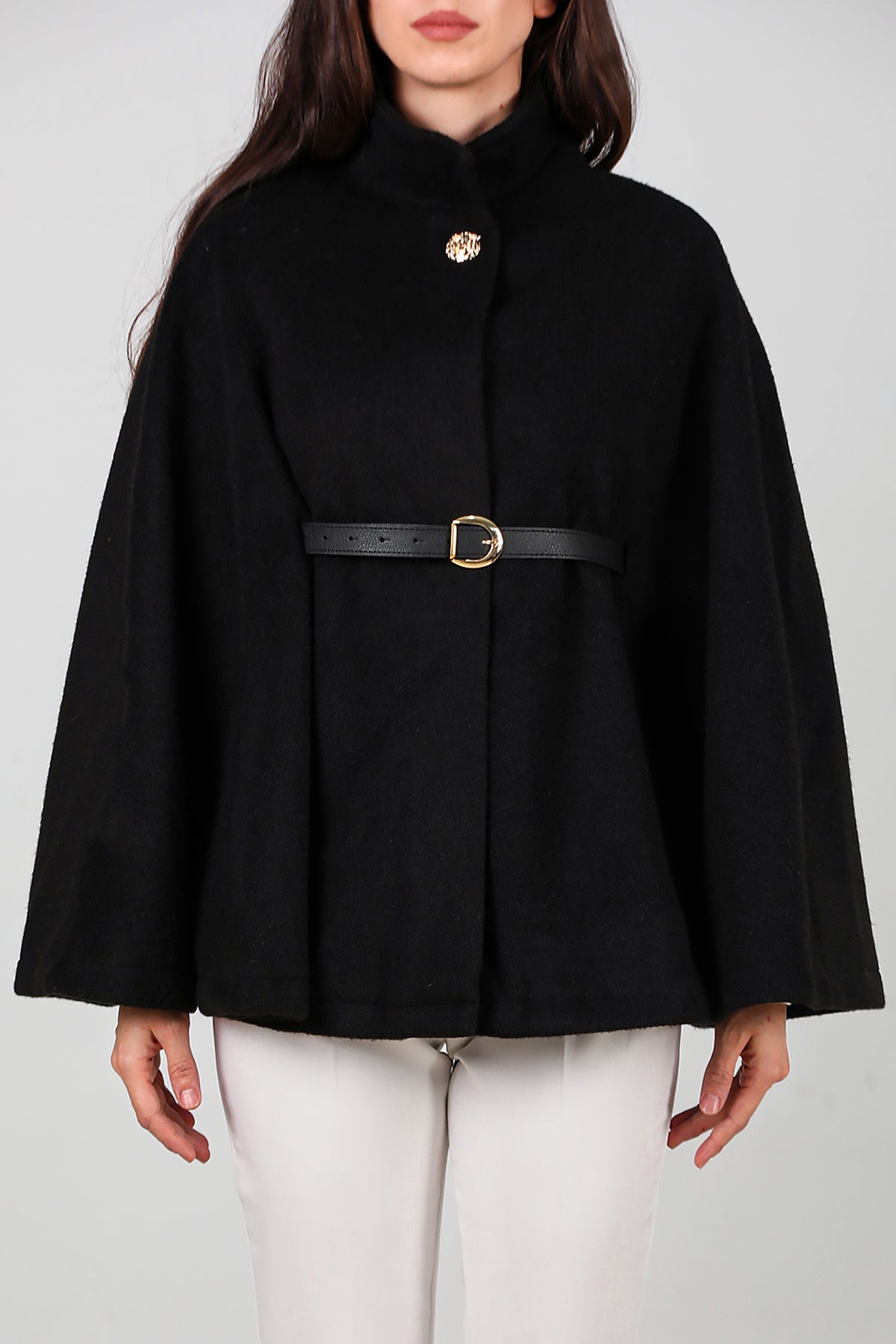 Kadın Deri Kemerli Kaşe Panço Siyah