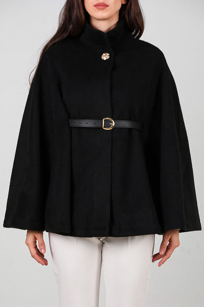 Kadın Deri Kemerli Kaşe Panço Siyah