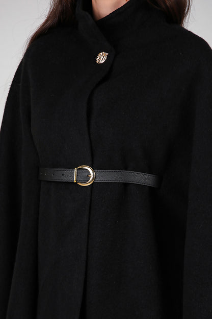 Kadın Deri Kemerli Kaşe Panço Siyah