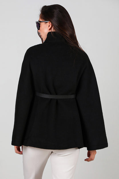 Kadın Deri Kemerli Kaşe Panço Siyah