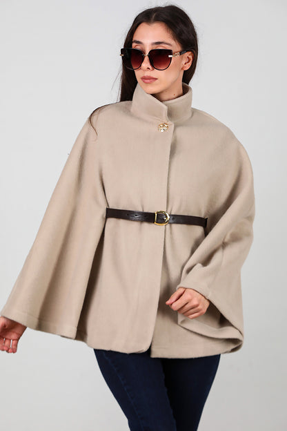 Kadın Deri Kemerli Kaşe Panço Taş