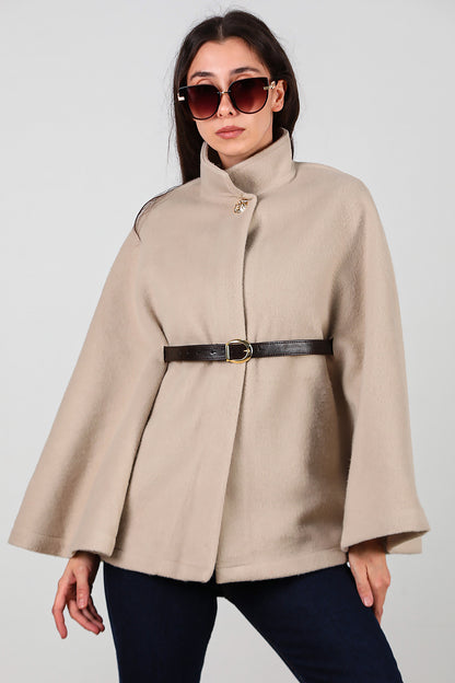 Kadın Deri Kemerli Kaşe Panço Taş