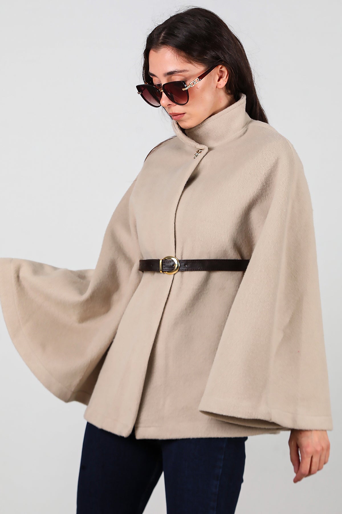 Kadın Deri Kemerli Kaşe Panço Taş