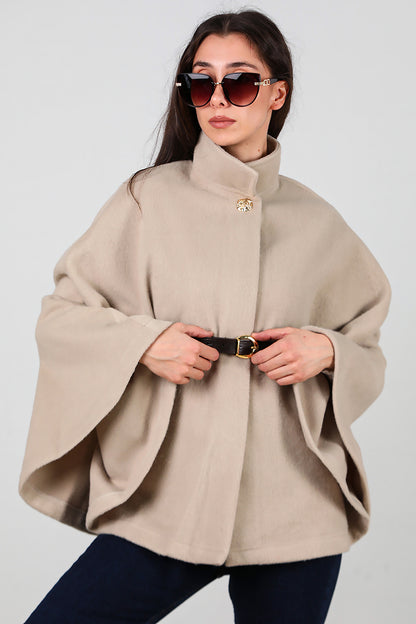 Kadın Deri Kemerli Kaşe Panço Taş