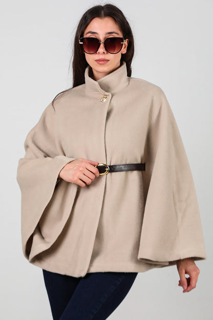 Kadın Deri Kemerli Kaşe Panço Taş