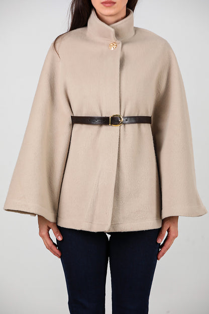 Kadın Deri Kemerli Kaşe Panço Taş