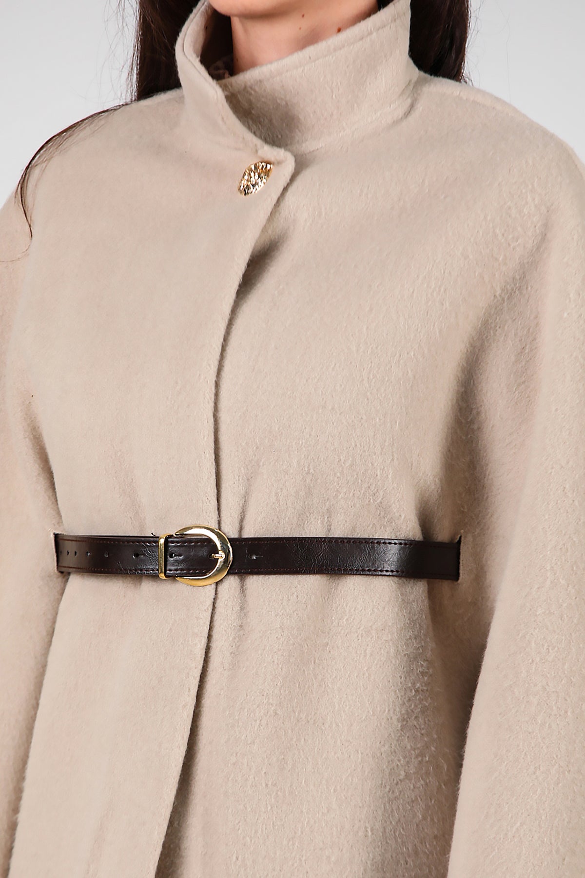 Kadın Deri Kemerli Kaşe Panço Taş