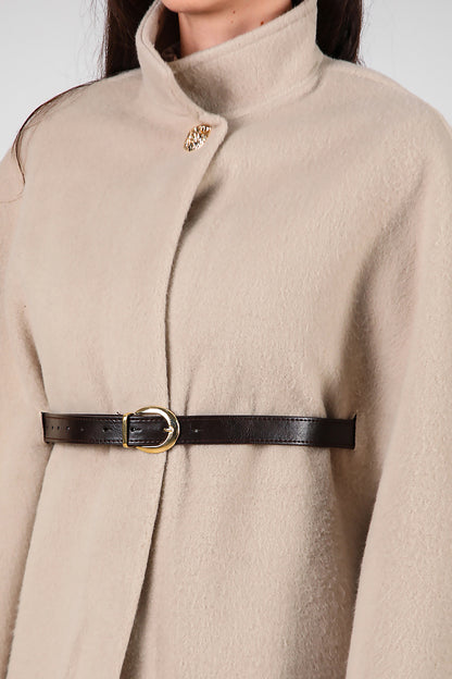 Kadın Deri Kemerli Kaşe Panço Taş